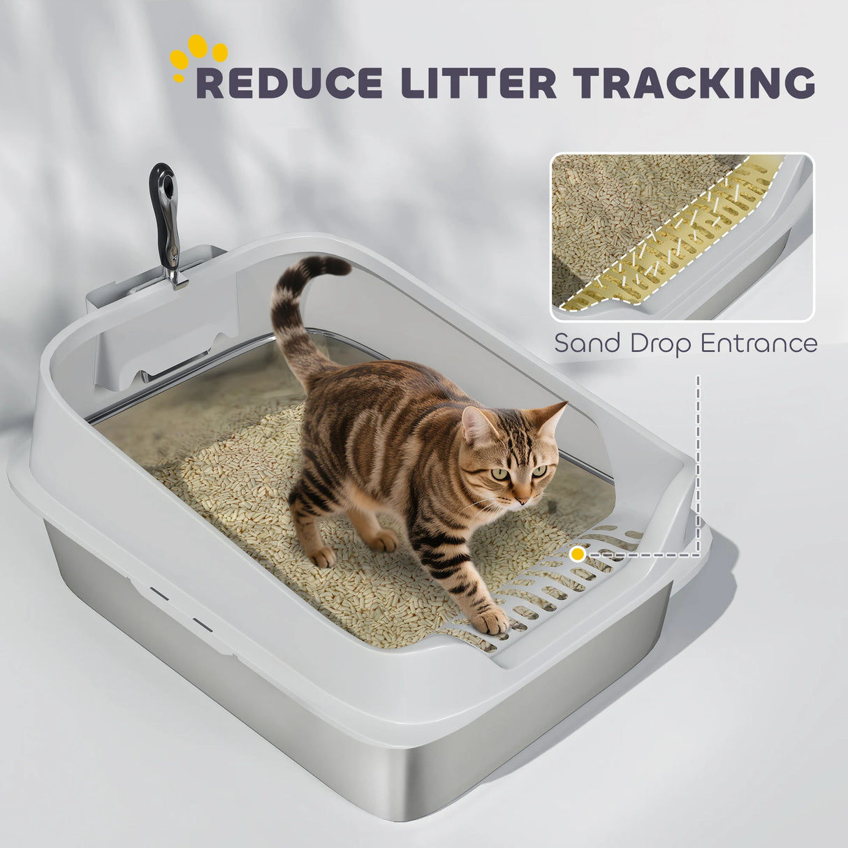 PawHut XL Stainless Steel Cat Litter Box with High Sides, Metal Scoop, 60 x 40 x 30 cm