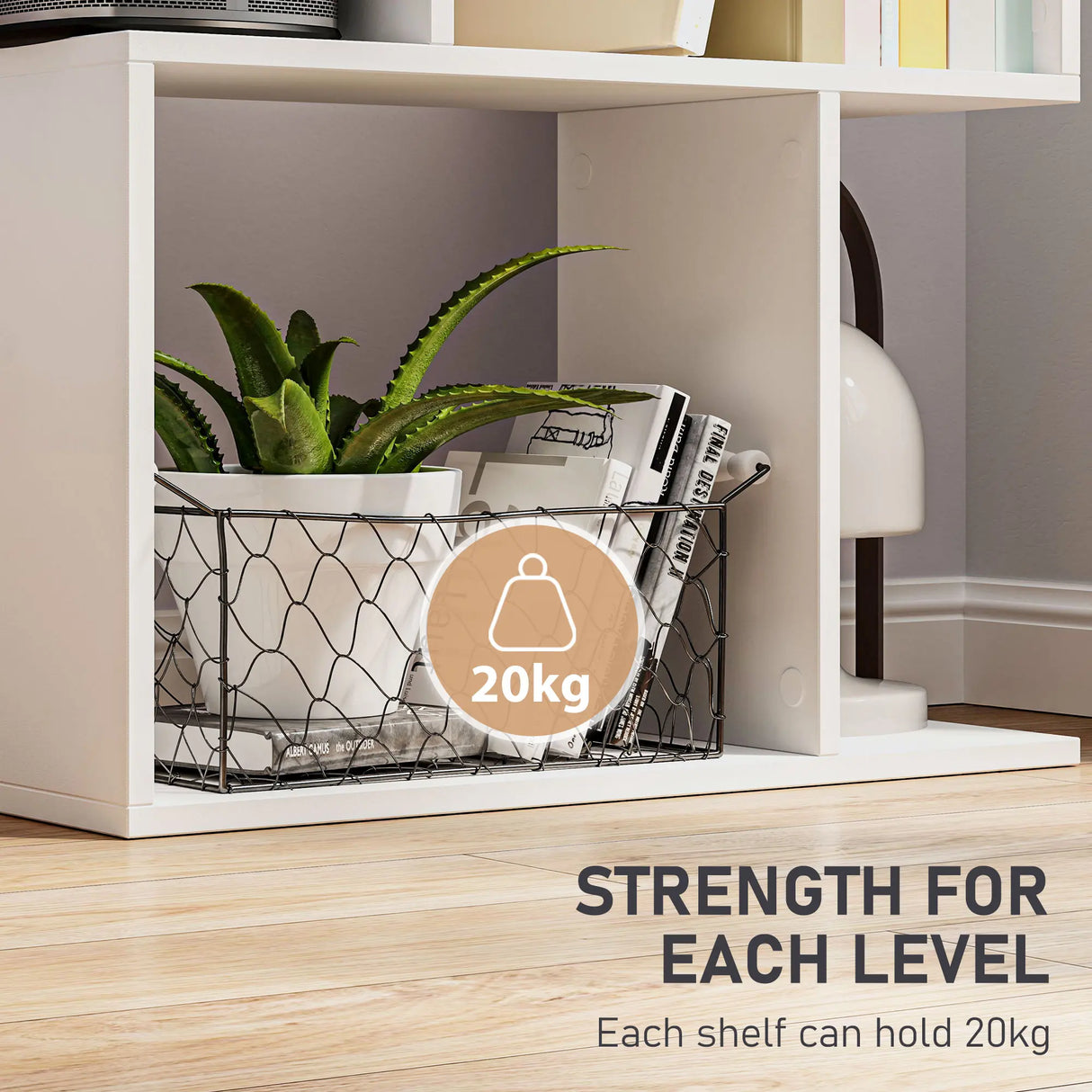 HOMCOM Bookcase, S-Shaped Wooden Bookshelf, 5 Tiers Freestanding Storage Shelf, Home Office Display Stand Rack, White