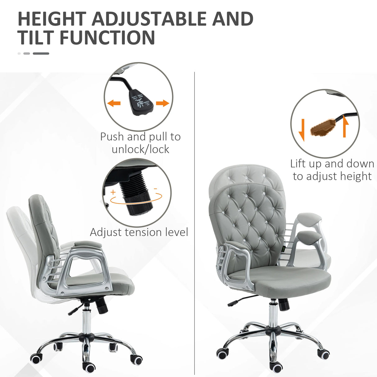 Vinsetto Office Chair Ergonomic 360 Swivel PU Diamante Padded Base 5 Castor Wheels for Home Work Grey