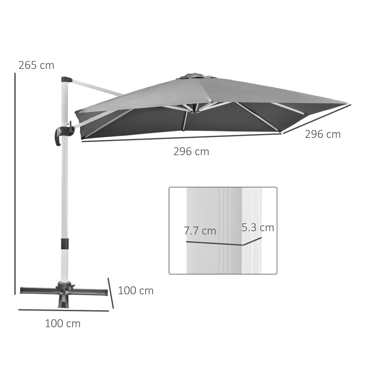 Outsunny 3 x 3(m) Cantilever Roma Parasol, Square Garden Umbrella with Cross Base, Crank Handle, Tilt, 360 Rotation and Aluminium Frame, Grey