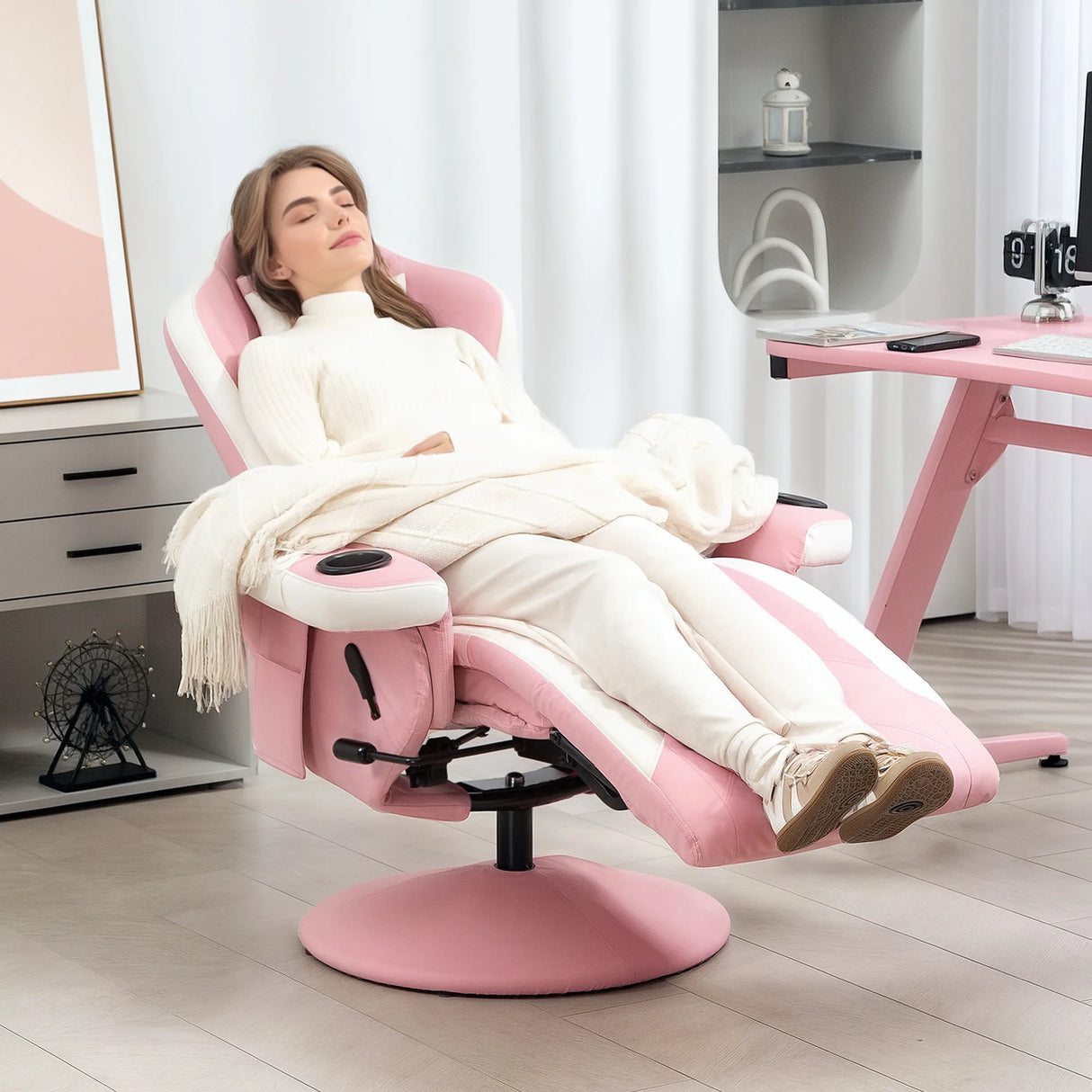 HOMCOM Manual Recliner Armchair PU Leather Lounge Chair w Adjustable Leg Rest, 135 Reclining Function, 360 Swivel, Pink