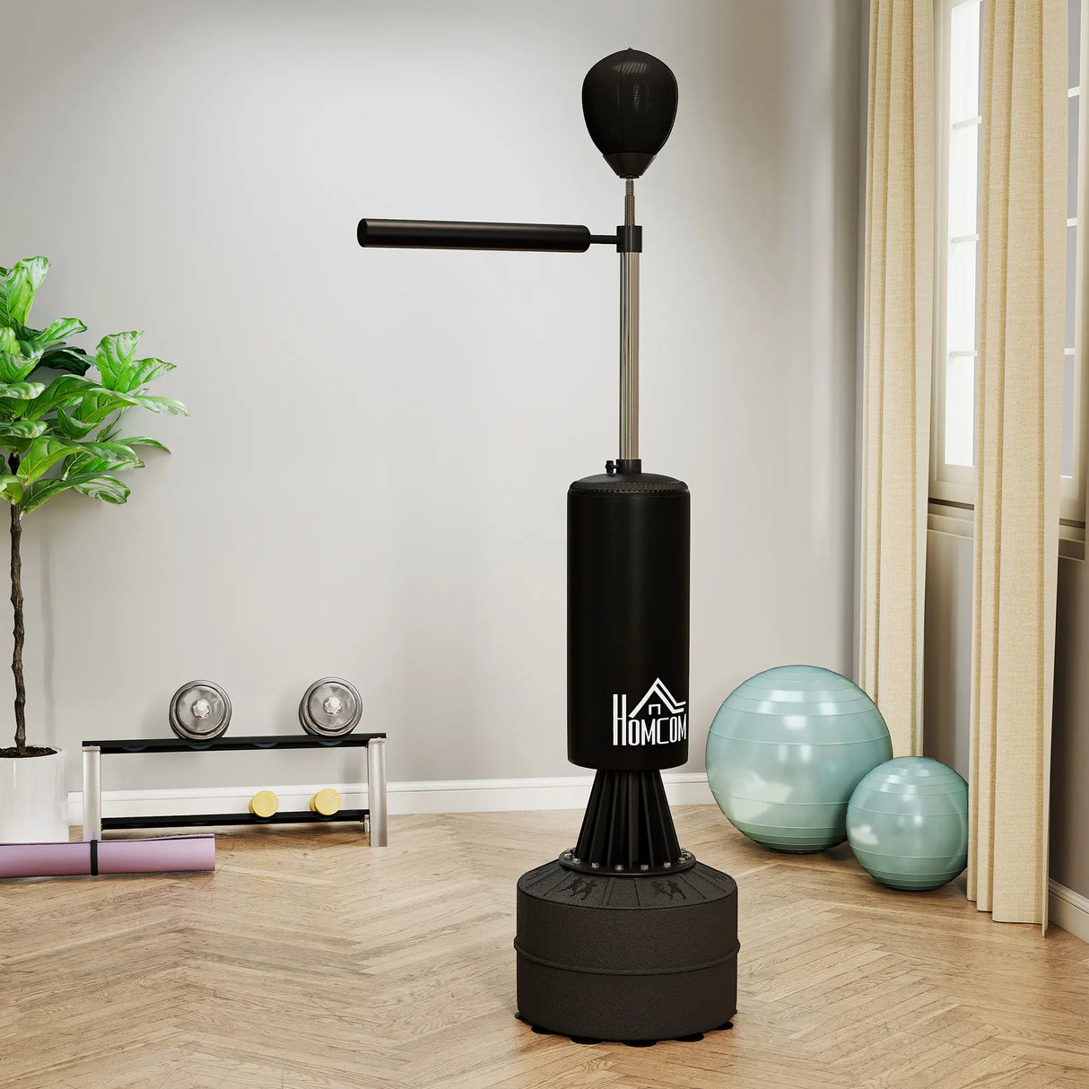 HOMCOM 155-205cm 3-IN-1 Freestanding Boxing Punching Bag Stand, Boxing Speed Trainer with Rotating Flexible Arm, Speed Ball, Fillable Base, Black