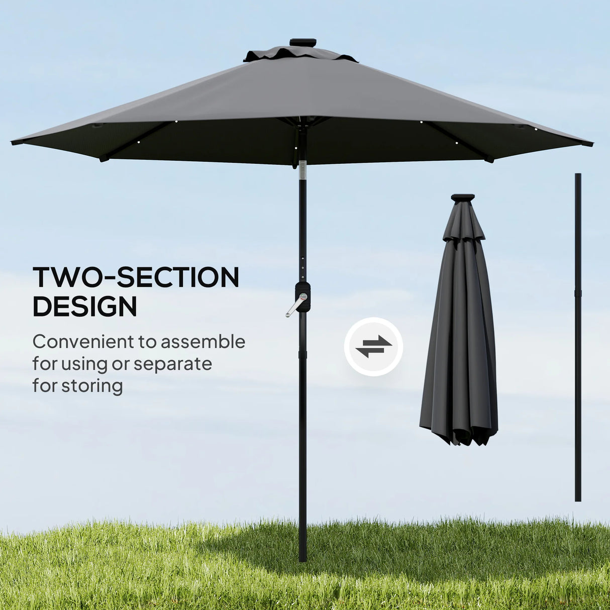 Outsunny 2.7m Garden Parasol Solar Outdoor Tilt Sun Umbrella Patio Sun Shade w/ 24 LED Light, Hand Crank and 8 Ribs, Black