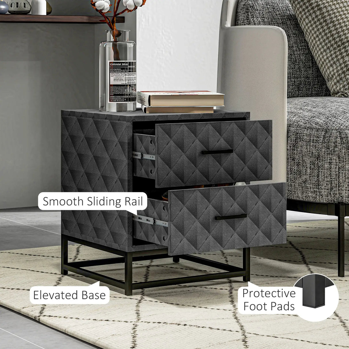 HOMCOM Bedside Tables Set of 2, Modern Bedside Table Nightstand with 2 Drawers, Bedside Cabinet Sofa Side Table with Storage, Steel Legs for Bedroom, Living Room, Grey