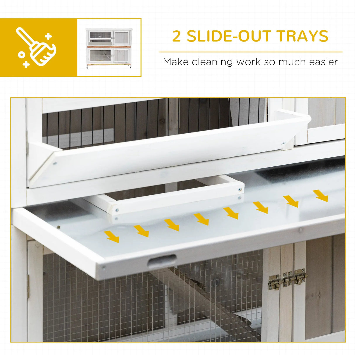 PawHut Wooden Pet Hutch, Two-Tier Cage with Rain Cover, Wheels, White