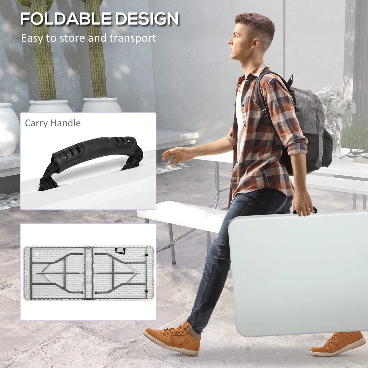 Outsunny Folding Garden Table, 180 x 75cm Rectangular HDPE Outdoor Picnic Table for 6, Metal Frame for Patio, Park, White