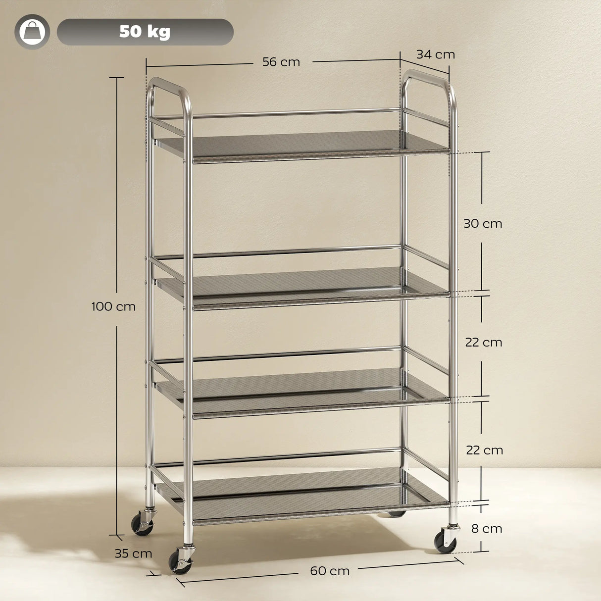 HOMCOM 4 Tier Stainless Steel Kitchen Storage Trolley with Adjustable Shelves - Silver