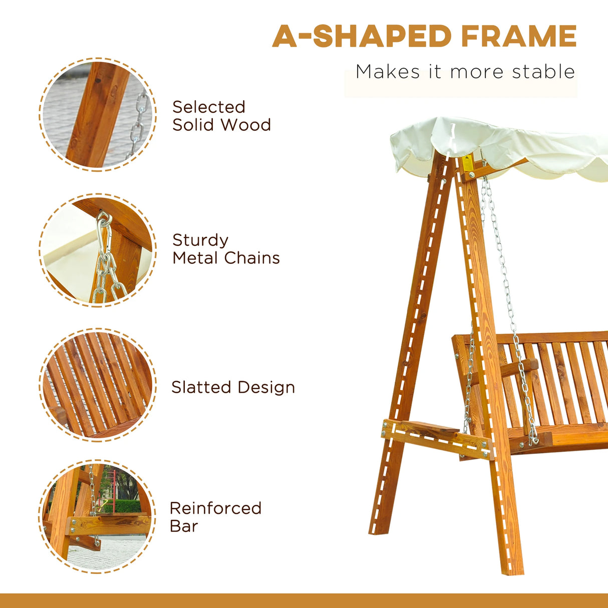 Outsunny 3 Seater Garden Swing Seat with Canopy, Wooden Swing Chair, Outdoor Hammock Bench for Balcony Patio Porch, Cream White