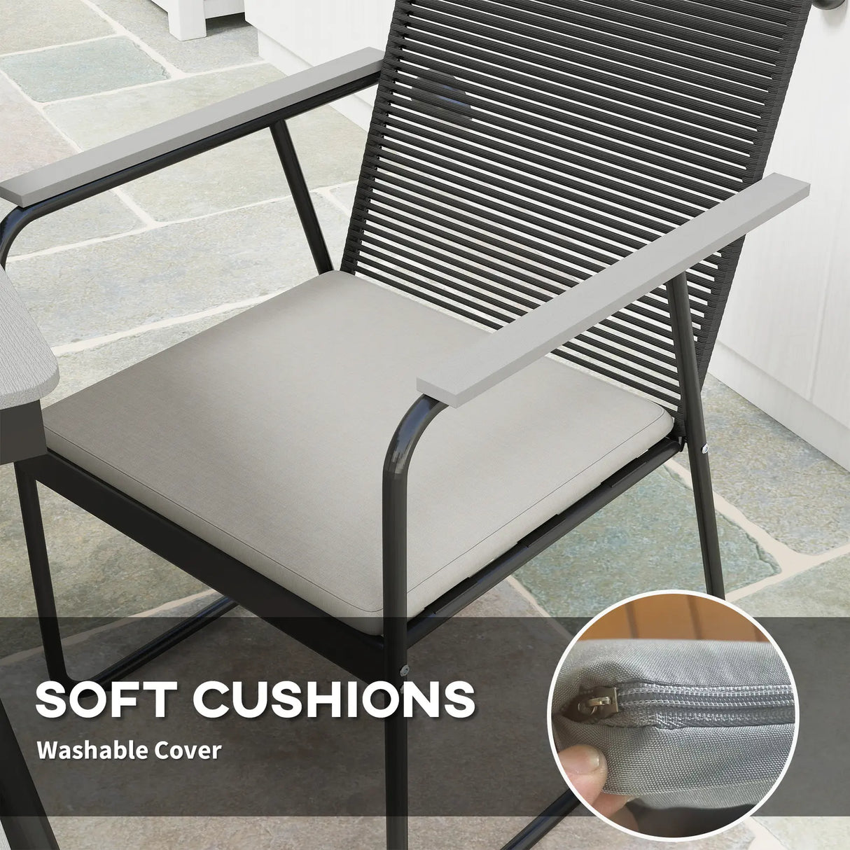 Outsunny 6 Seater Garden Dining Set with Soft Cushions, Rattan Backrest, Rectangular Plastic Top, Garden Furniture Set, Outdoor Dining Table and Chairs for Patio, Balcony, Poolside, Grey