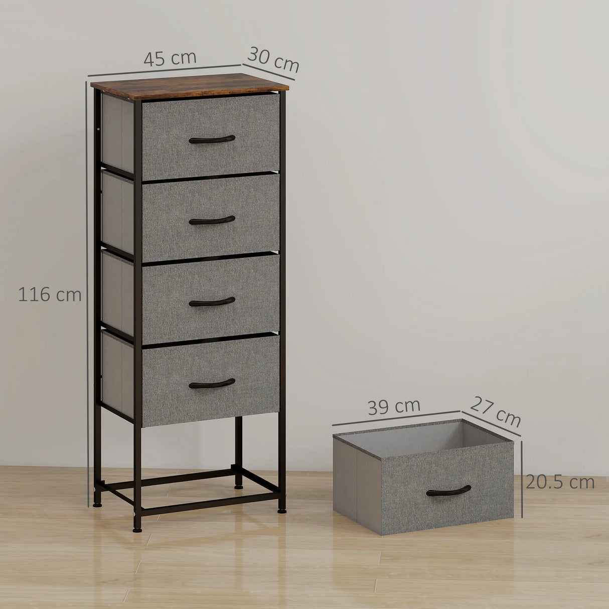 HOMCOM Fabric Chest of Drawers, Industrial Bedroom Dresser with 5 Fabric Drawers, Steel Frame and Wooden Top for Nursery, Living Room, Hallway, Rustic Brown and Grey