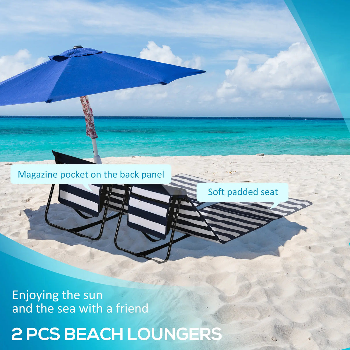 Outsunny Set of 2 Foldable Garden Beach Chair Mat, Outdoor Sun Lounger Seats with Adjustable Back, Magazine Pocket, Carry Bag