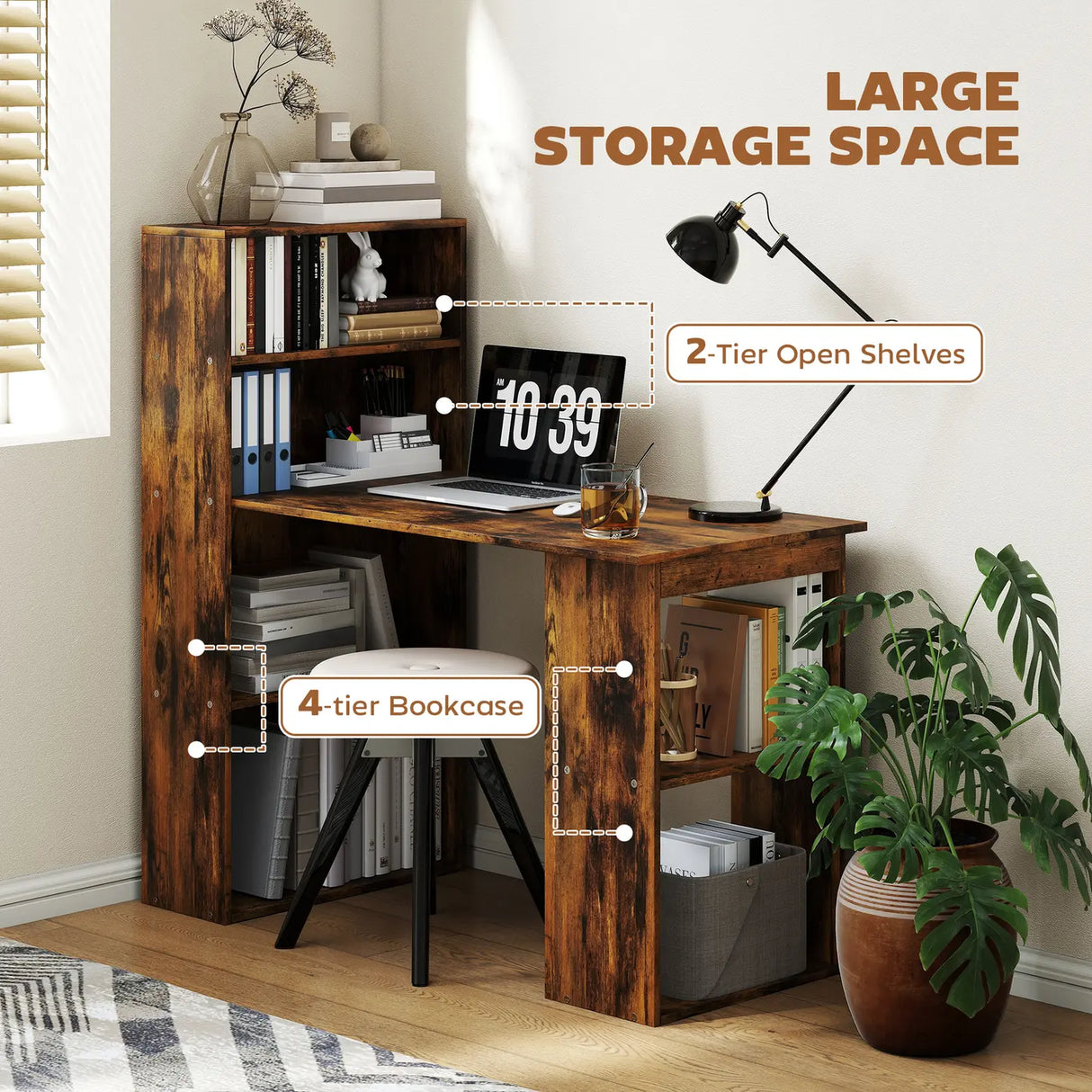 HOMCOM 120cm Computer Desk, Wooden PC Laptop Table with 6-Tier Storage Bookshelves, Home Office Working Study Desk, Writing Workstation, Rustic Brown Wood-Effect