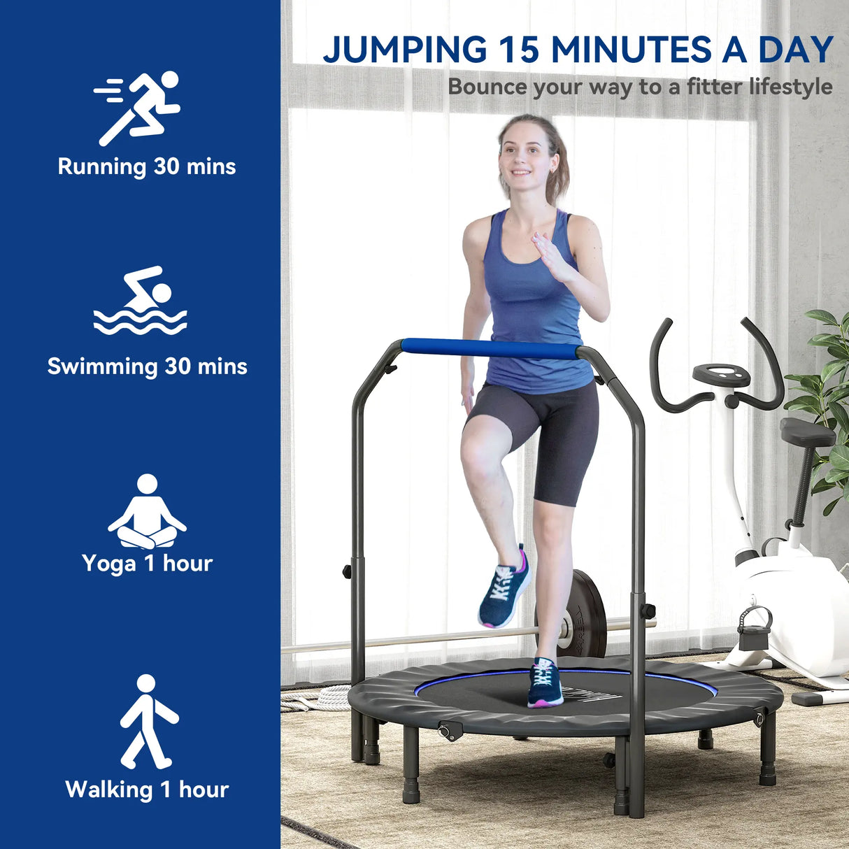 HOMCOM 48" Foldable Mini Fitness Trampoline, with Adjustable Foam Handle, Blue