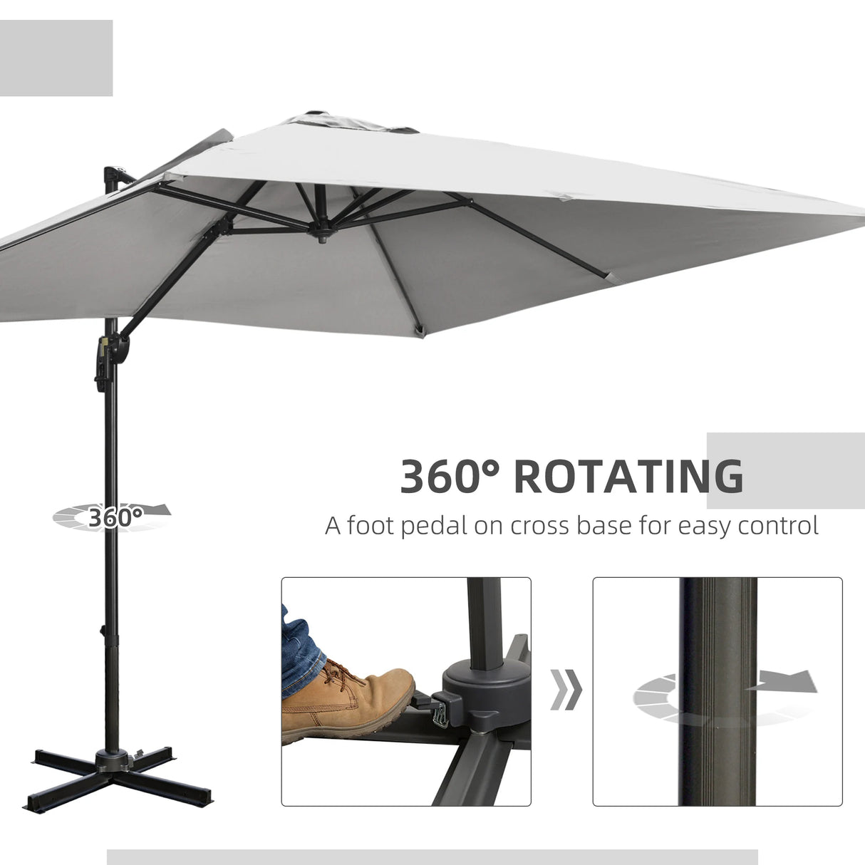 Outsunny 2.7 x 2.7 m Cantilever Parasol, Square Overhanging Umbrella with Cross Base, Crank Handle, Tilt, 360 Rotation and Aluminium Frame, Grey