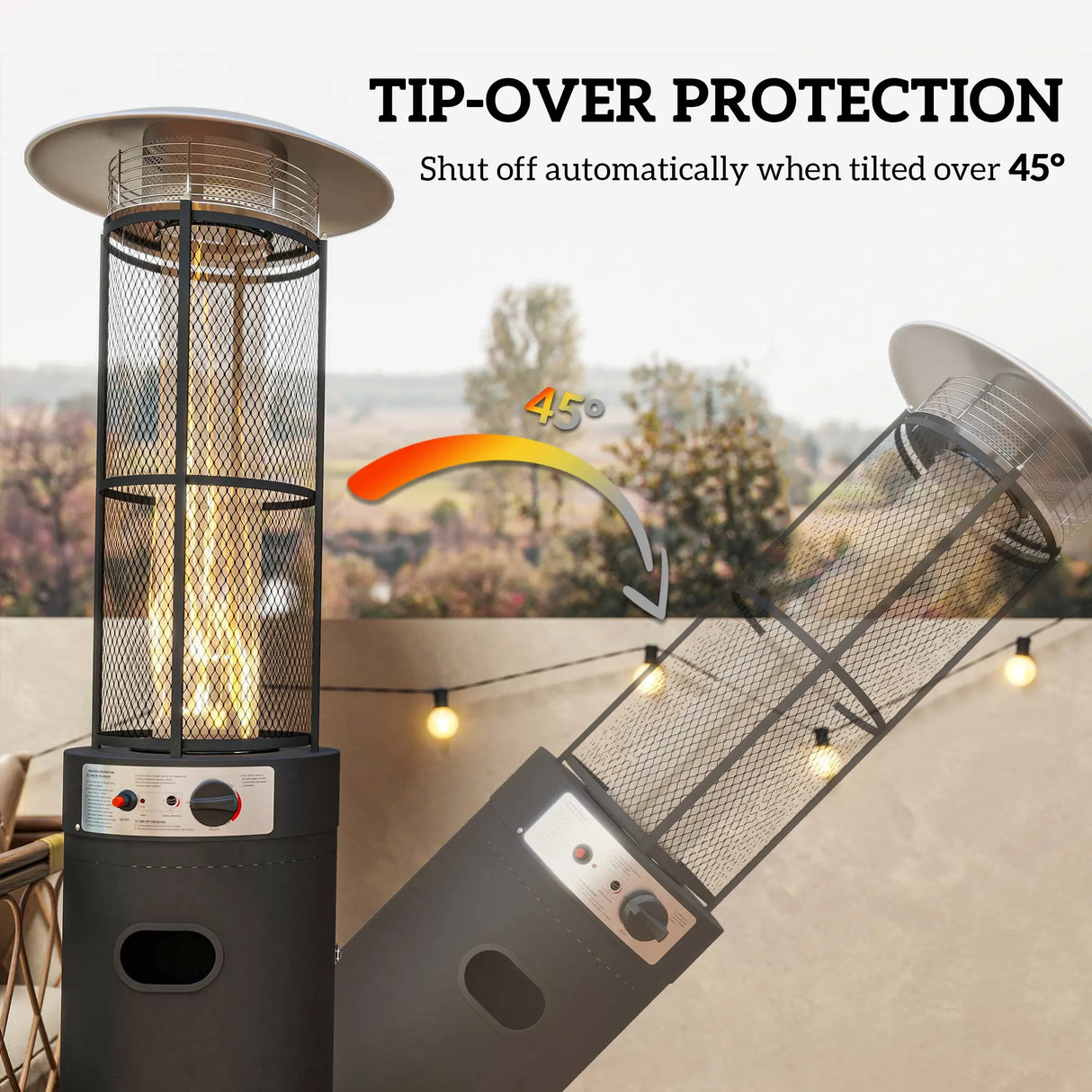 Outsunny 11 KW Freestanding Gas Patio Heater, Adjustable Outdoor Garden Propane Heater with Tip-Over Switch, Wheels, Pulse Ignition, Tank Room with Openable Door, Black