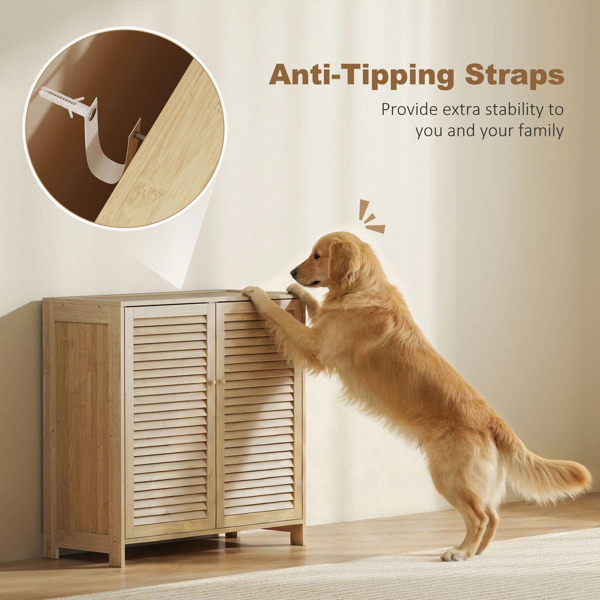 HOMCOM Bamboo Shoe Cabinet with Louvered Doors, 14 Pairs Shoe Storage Cabinet with Adjustable Shelves for Hallway, Natural