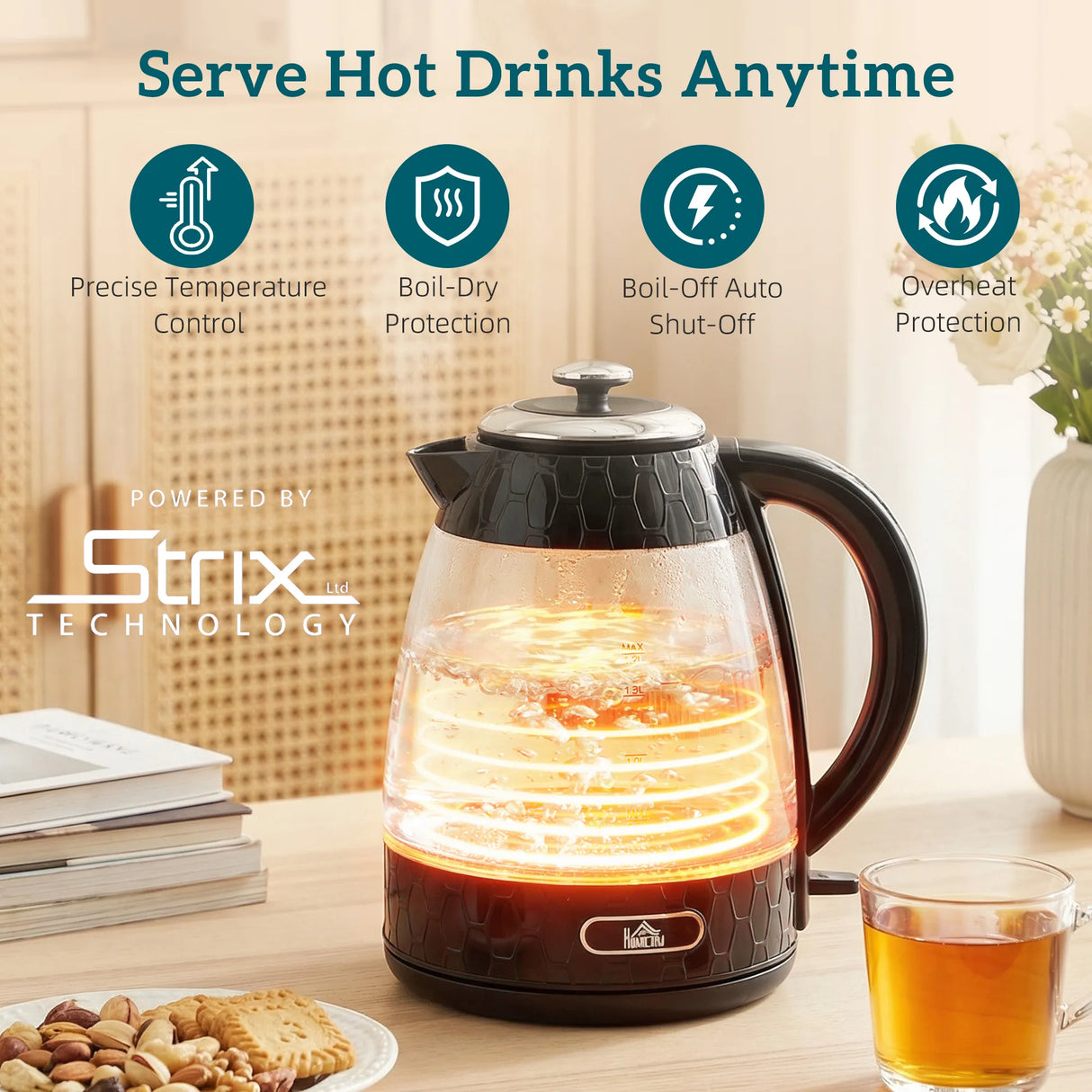 HOMCOM Kettle and Toaster Set, 1.7L 3000W Rapid Kettle with Strix Thermostat, 4 Slice Toaster with 7 Browning Controls, Black