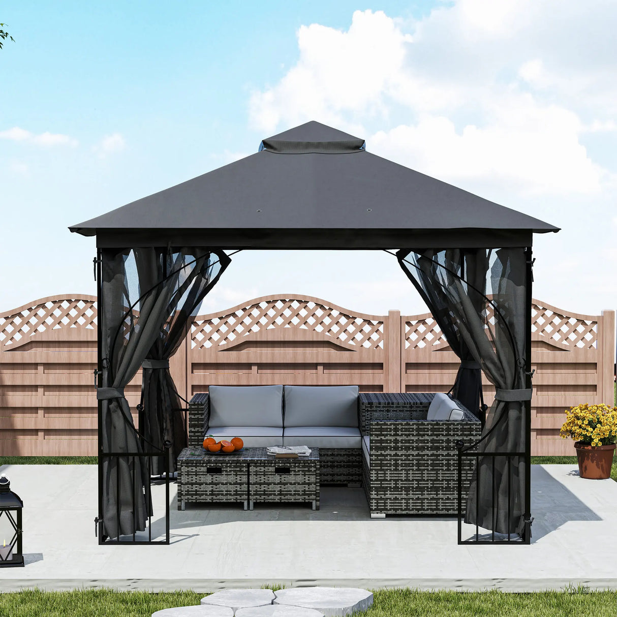 Outsunny 3 x 3m Garden Gazebo Patio Party Tent Shelter Outdoor Canopy Double Tier Sun Shade with Metal Frame and Netting, Dark Grey