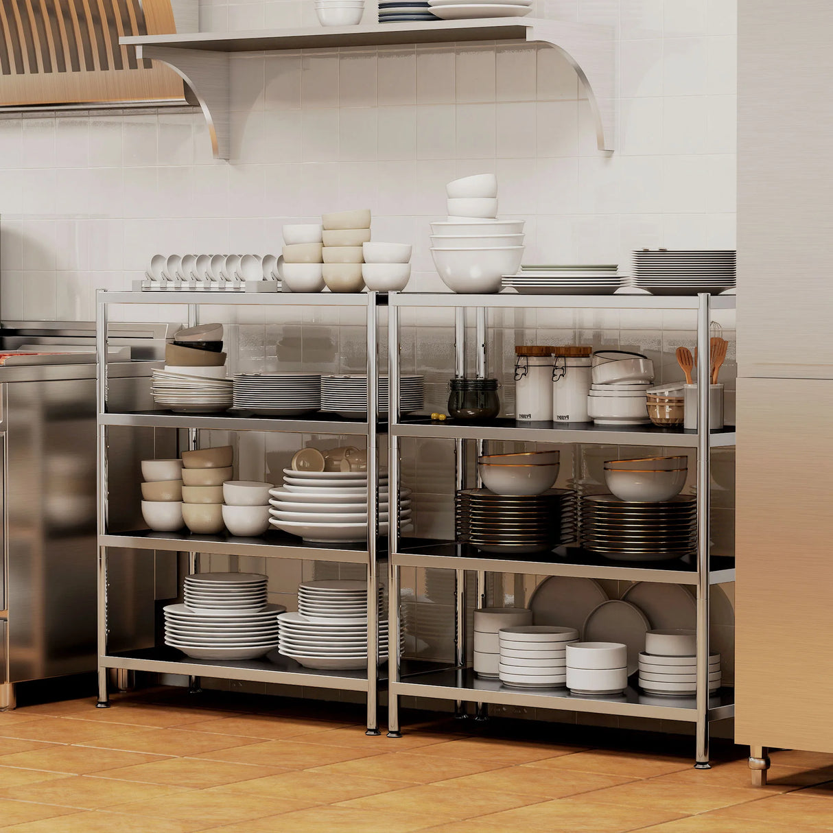 HOMCOM 4-Tier Bakers Rack with Storage, Stainless Steel Microwave Stand with Adjustable Shelves for Small Spaces, Kitchen Storage Unit for Spices, Pots and Pans, Silver Tone