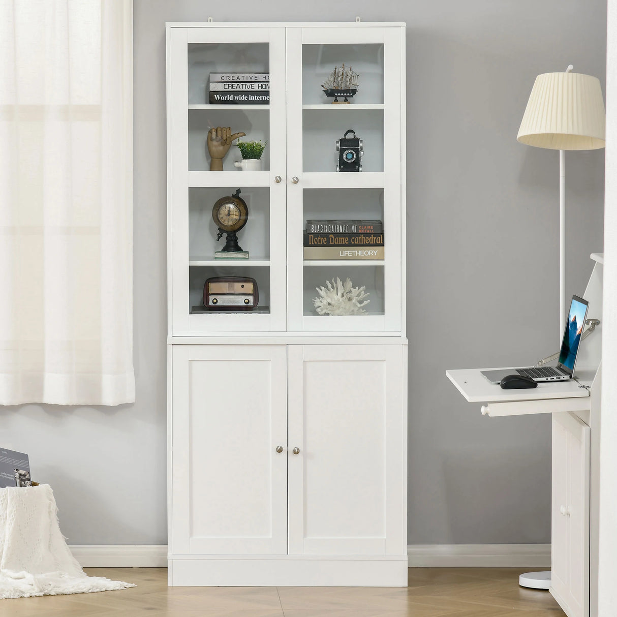 HOMCOM Modern Bookcase with Glass Doors, Display Storage Cabinet with Adjustable Shelves for Living Room, Study, Home Office, Kitchen Cupboard with Small Open Counter, White