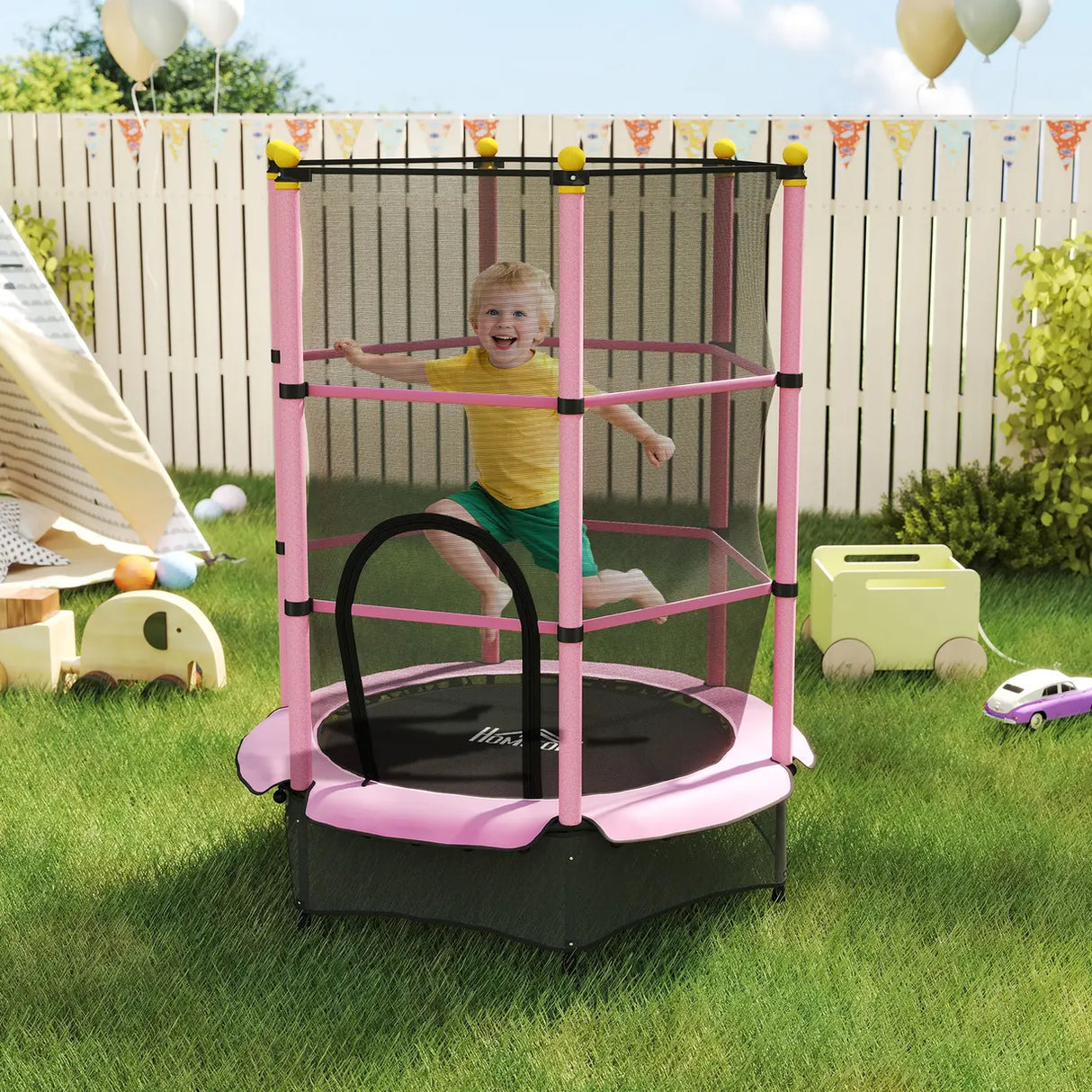 HOMCOM 4.6FT/55" Kids Trampoline with Safety Enclosure, Outdoor Indoor Use, for Ages 3-10 Years, Pink
