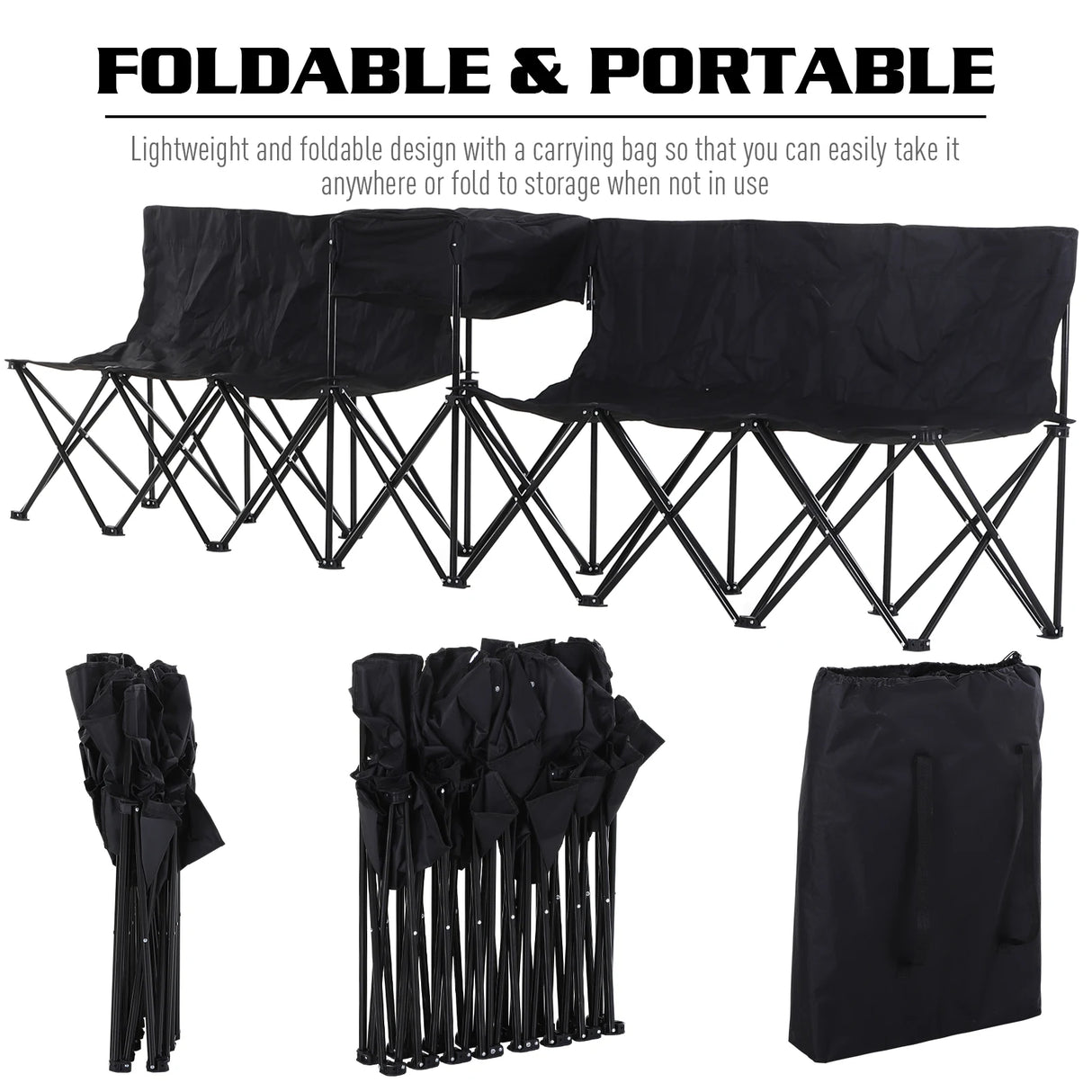 Outsunny 6 Seat Folding Sports Bench Portable Sports Team Bench Spectator Chair with Cooler Bag and Carrying Bag for Outdoor Picnic Camping - Black