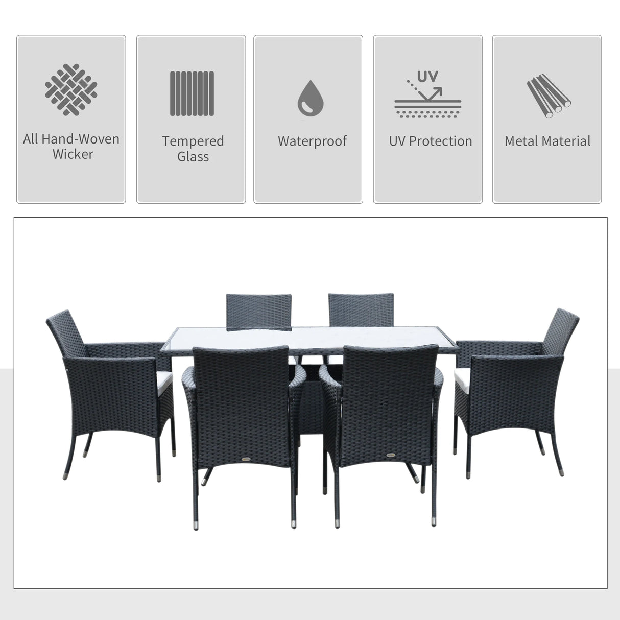 Outsunny 6 Seater Rattan Dining Set with Cushions, Rattan Garden Furniture Set with 6 Armchairs, Rectangular Glass Top Table, Outdoor Dining Table and Chairs, Black