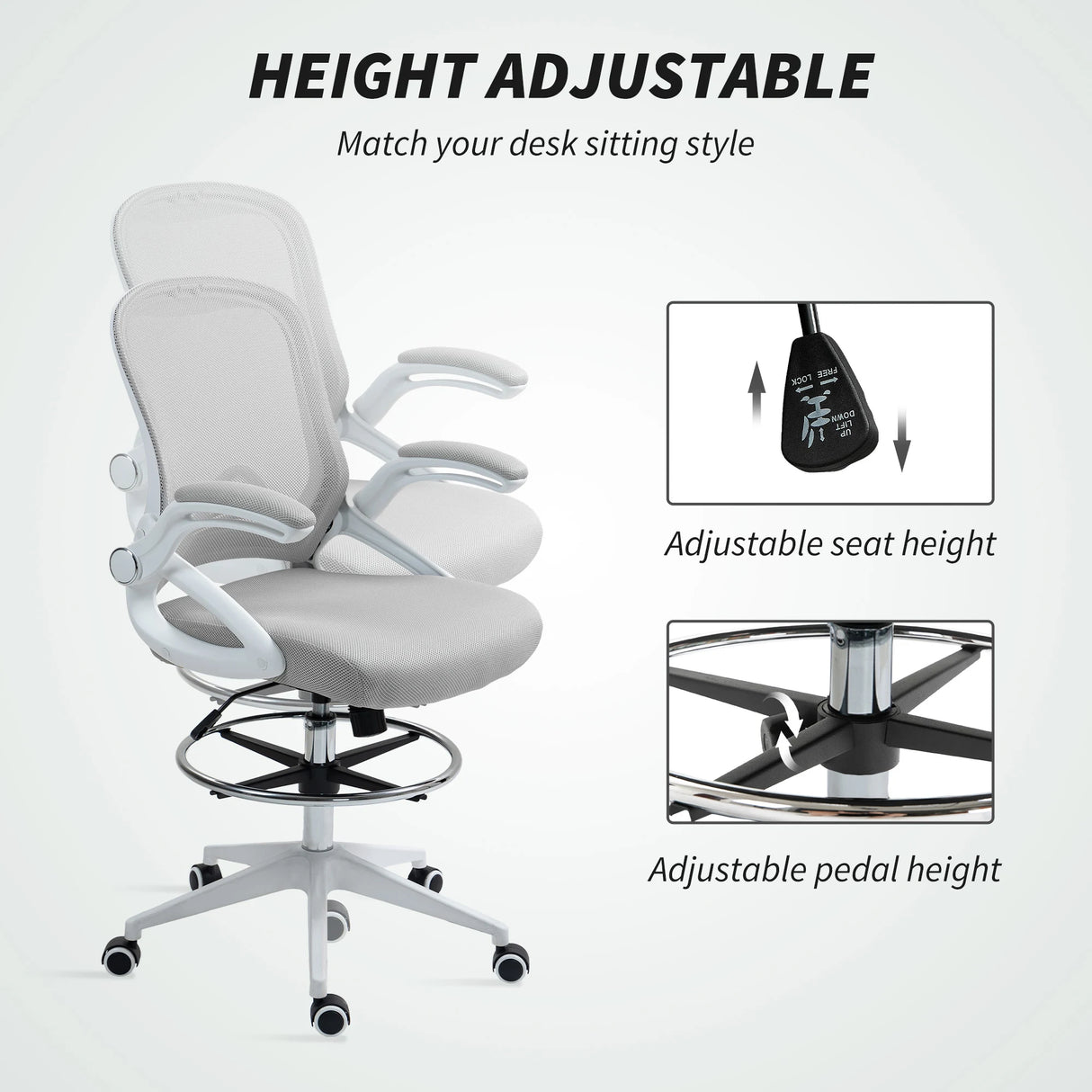 Vinsetto Drafting Chair with Flip-up Armrest, Mesh Office Stool with Foot Ring, 360 Degree Swivel Height Adjustable Chair for Standing Desk, Light Grey