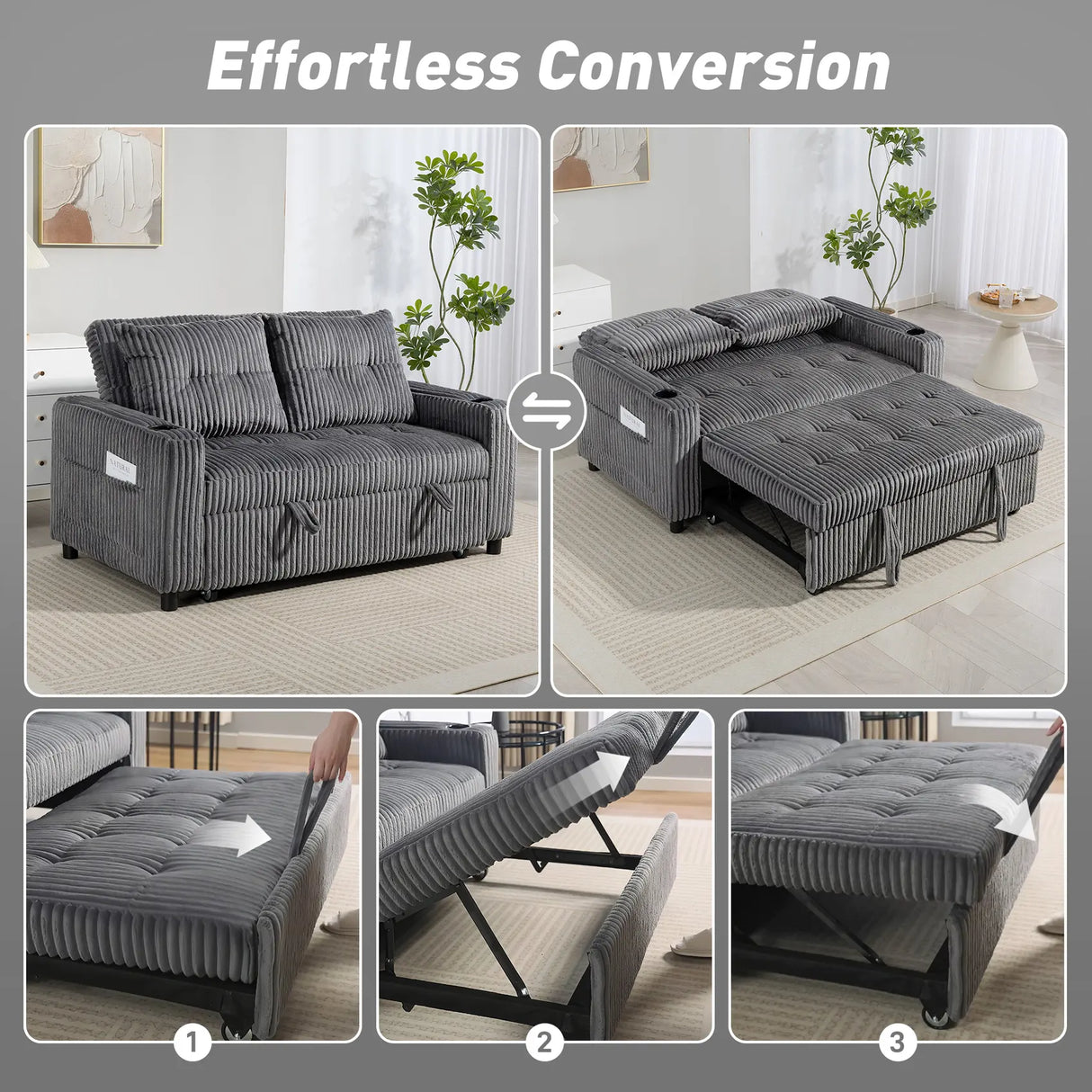 HOMCOM 2 Seater Click Clack Sofa Bed with Pull Out Design, Corduroy Upholstery - Charcoal Grey