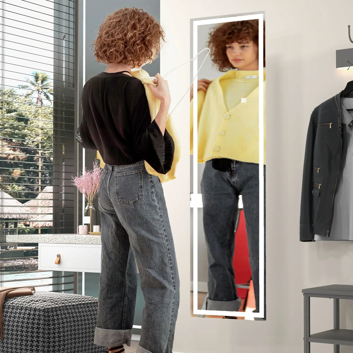 HOMCOM Standing Dressing Mirror with LED Lights, Wall Dressing Mirror for Bedroom with Dimmable and 3 Colour Lighting, White