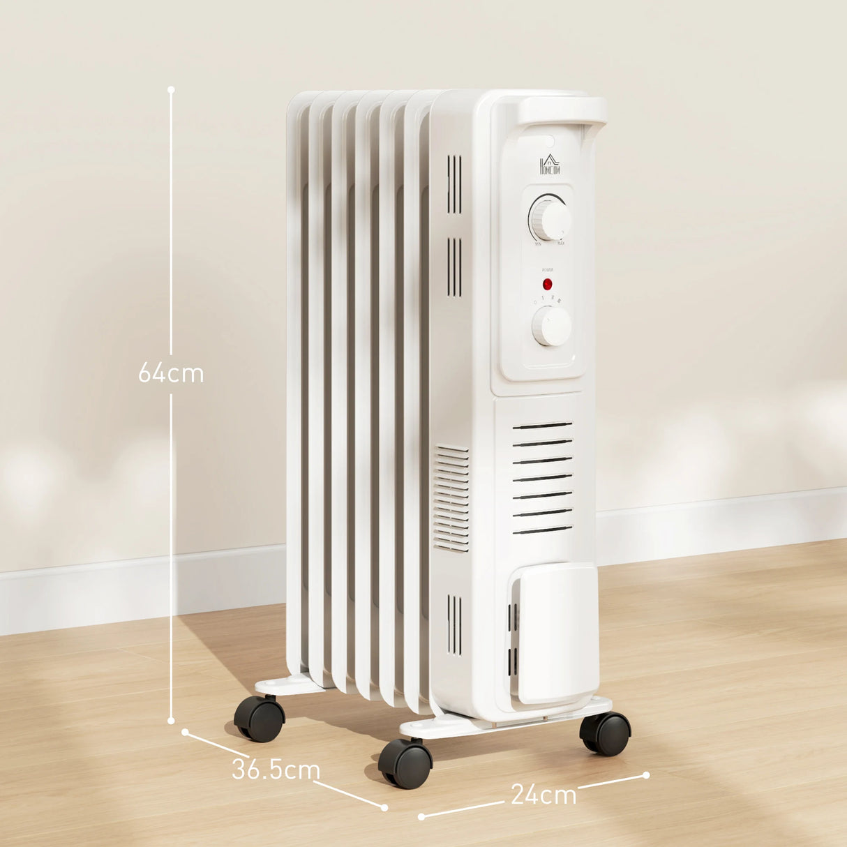HOMCOM 1500W Quiet Oil Filled Radiator, 7 Fin Energy Efficient Portable Electric Heater with 3 Heat Settings, Adjustable Thermostat, Safety Tip Over, Overheat Protection, for Home, White