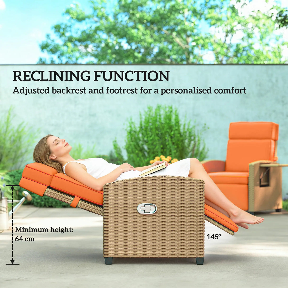 Outsunny 145 Reclining Rattan Armchair, with Footrest - Khaki/Orange