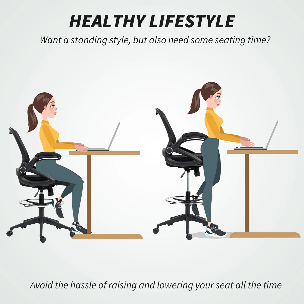 Vinsetto Drafting Chair with Flip-up Armrest, Mesh Office Stool with Foot Ring, 360 Degree Swivel Height Adjustable Chair for Standing Desk, Black