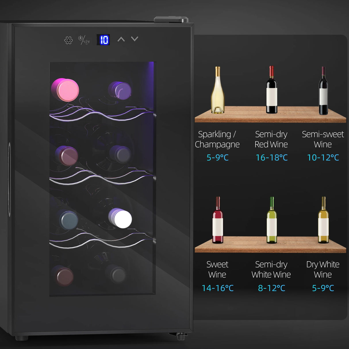 HOMCOM Mini Table Top Wine Fridge, 8 Bottle, 17L, 8-18, 26.5cm Quiet Under Counter Wine Cooler Fridge with Glass Door, LED Light, Digital Touch Screen, Temperature Control