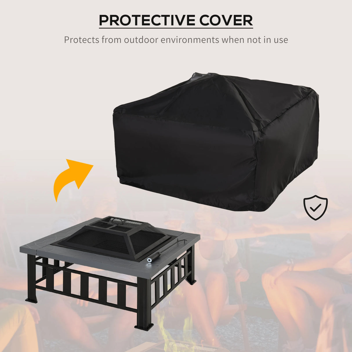 Outsunny Metal Large Firepit Outdoor Square Fire Pit Brazier with Rain Cover, Lid, Log Grate, Poker for Backyard, Camping, BBQ, Bonfire, Wood Burning Stove, 86 x 86 x 54cm, Black