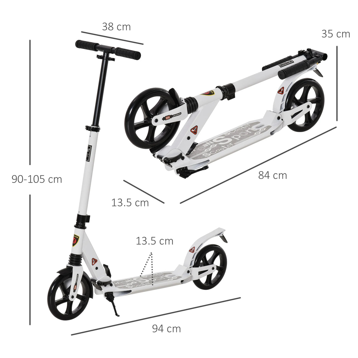 HOMCOM Folding Kick Scooter, Adjustable Ride On Scooter with 200mm Big Wheels and Double Shock Absorption, Urban Scooter for 14+ Teens Adult, White
