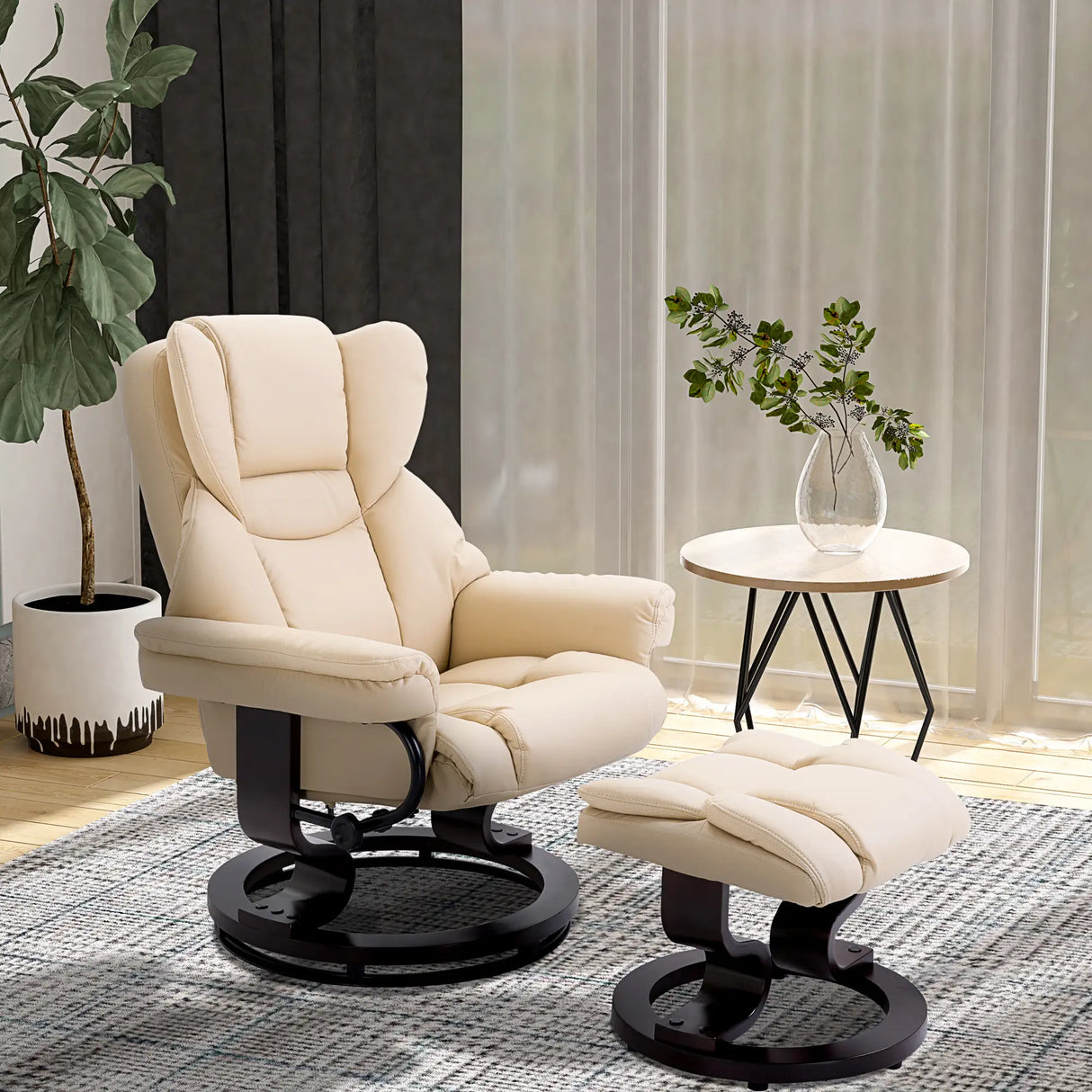 HOMCOM 360 Swivel Recliner Chair with Footstool, PU Leather Manual Recliner Armchair with Footstool, Solid Wood Base, Upholstered Reclining Chair for Living Room, Bedroom, Office, Cream
