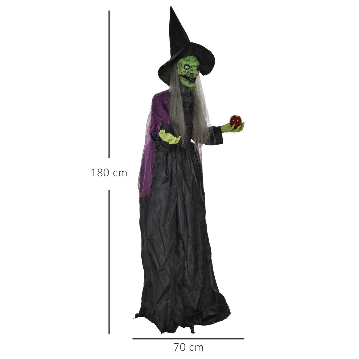 HOMCOM 180 cm Life Size Halloween Animated Standing Witch, Spooky Witch with Glowing LED Eyes, Battery Operated