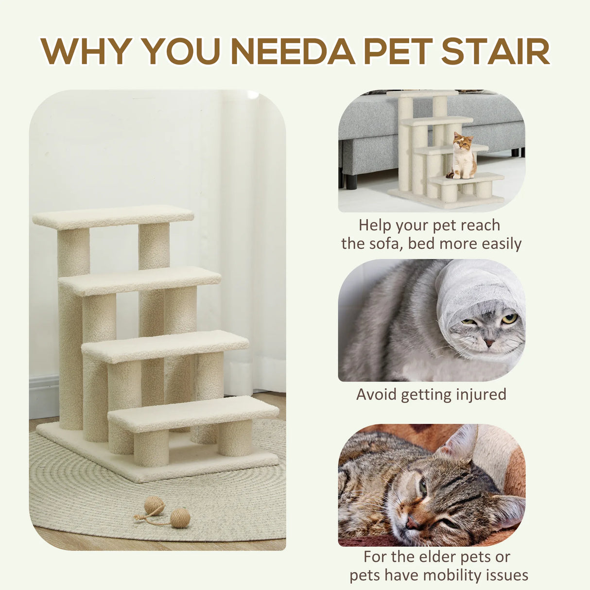 PawHut Dog Steps for Bed 4 Step Pet Stairs for Sofa Dog Cat Climb Ladder 63x43x60 cm Cream