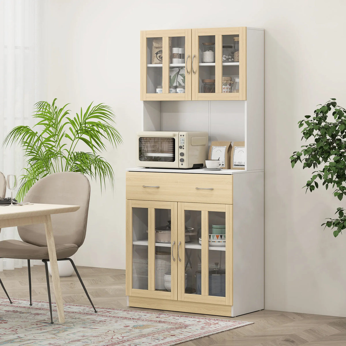 HOMCOM Modern Kitchen Cupboard, Freestanding Storage Cabinet Hutch with Central Drawer, 2 Glass Door Cabinets and Countertop, 180cm