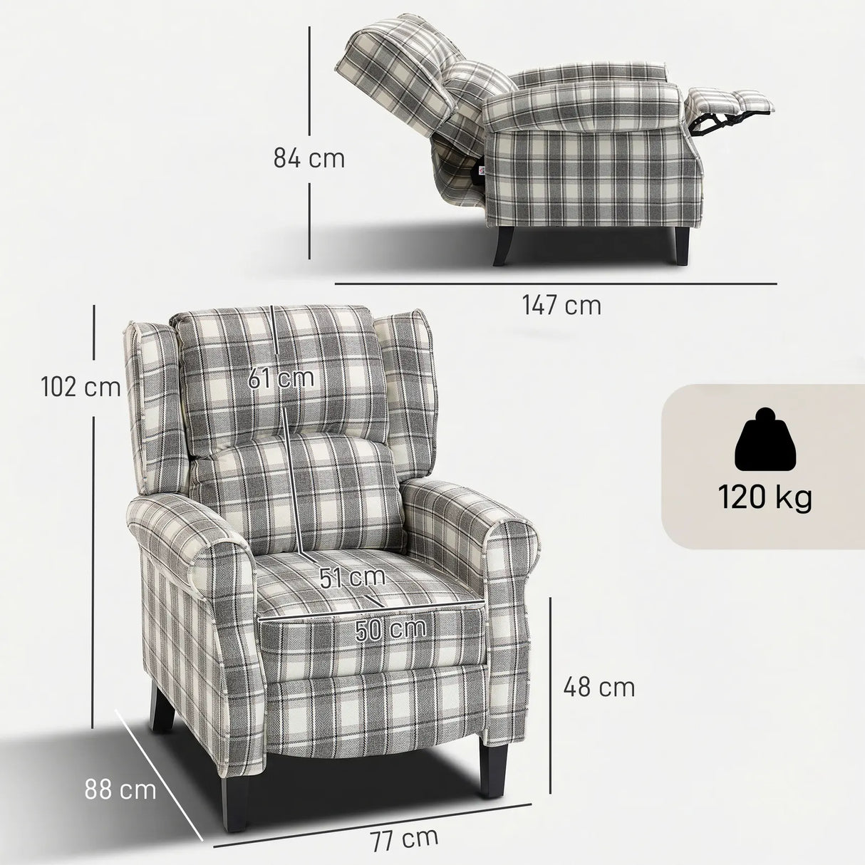 HOMCOM 160 Reclining Armchair, with Footrest - Grey and White