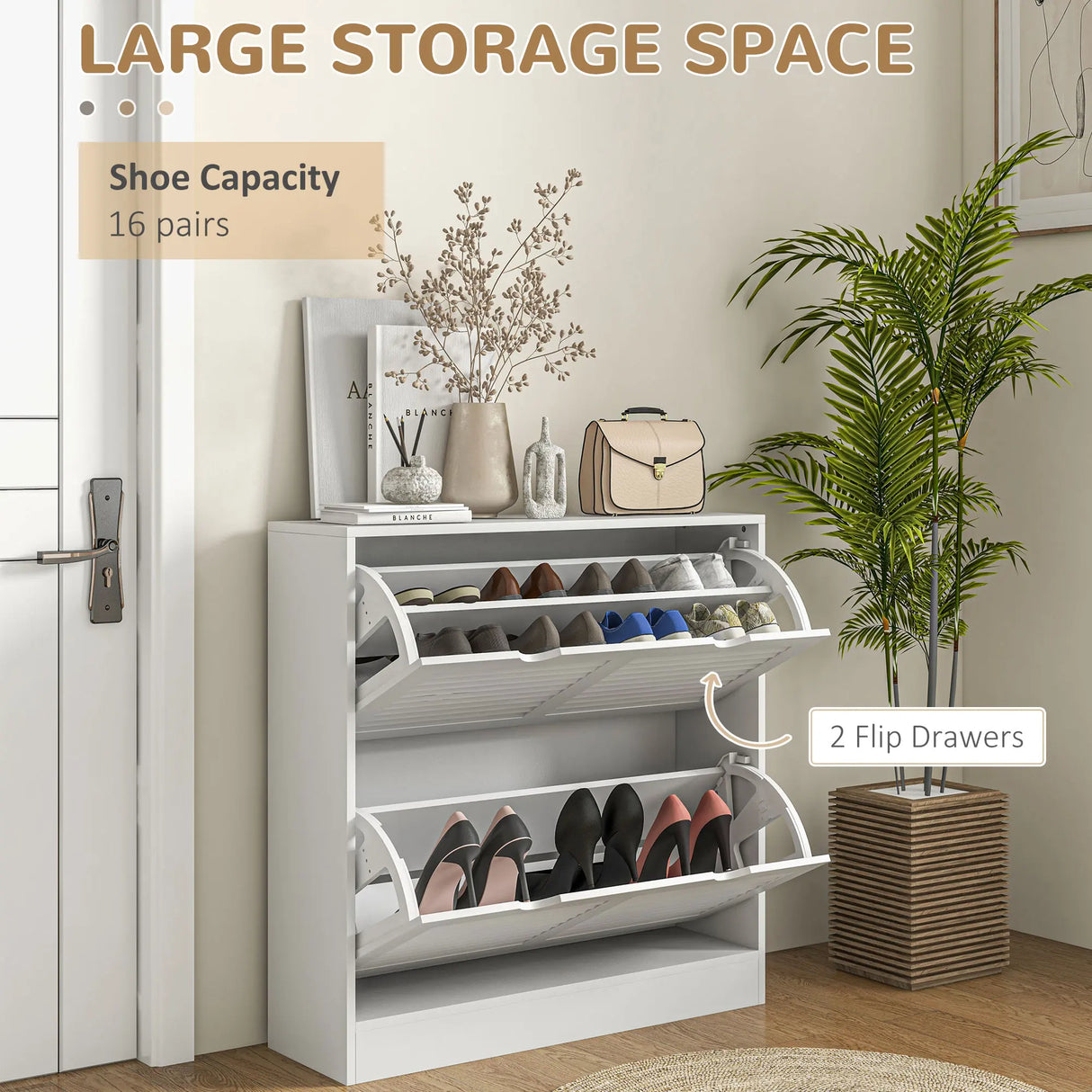 HOMCOM 2 Drawers Entryway Shoe Cabinet, Narrow Shoe Storage Cabinet with 2 Flip Drawers, Louvred Door Design and Adjustable Shelves for 16 Pairs of Shoes, White