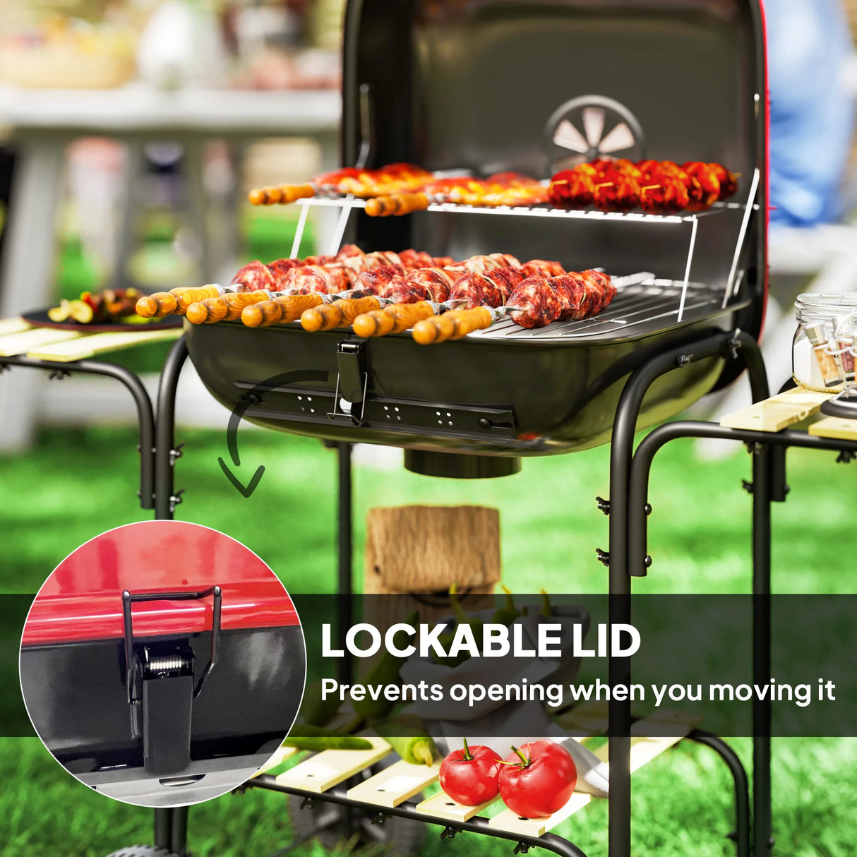Outsunny Charcoal Barbecue Grill Portable BBQ Grill with 1840 cm2 Cooking Area, 3 Shelves, Adjustable Vent, Lockable Lid, Wheels for Outdoor Cooking, Garden Party, Red