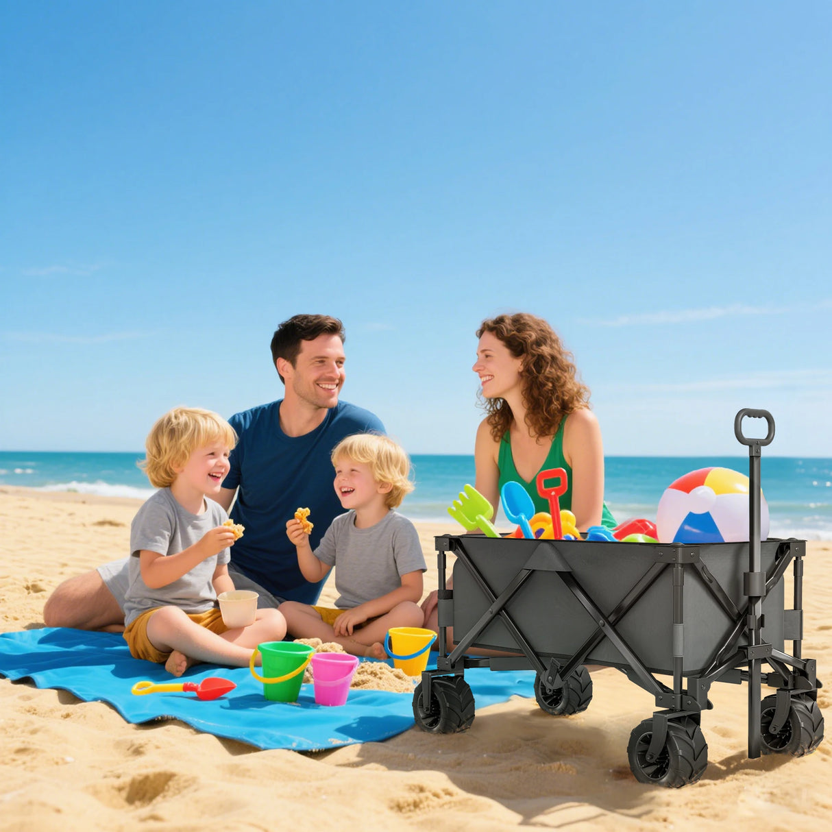 Outsunny Outdoor Pull Along Cart Folding Cargo Wagon Trailer Trolley for Beach Garden with Handle, Anti-Slip Wheel - Dark Grey