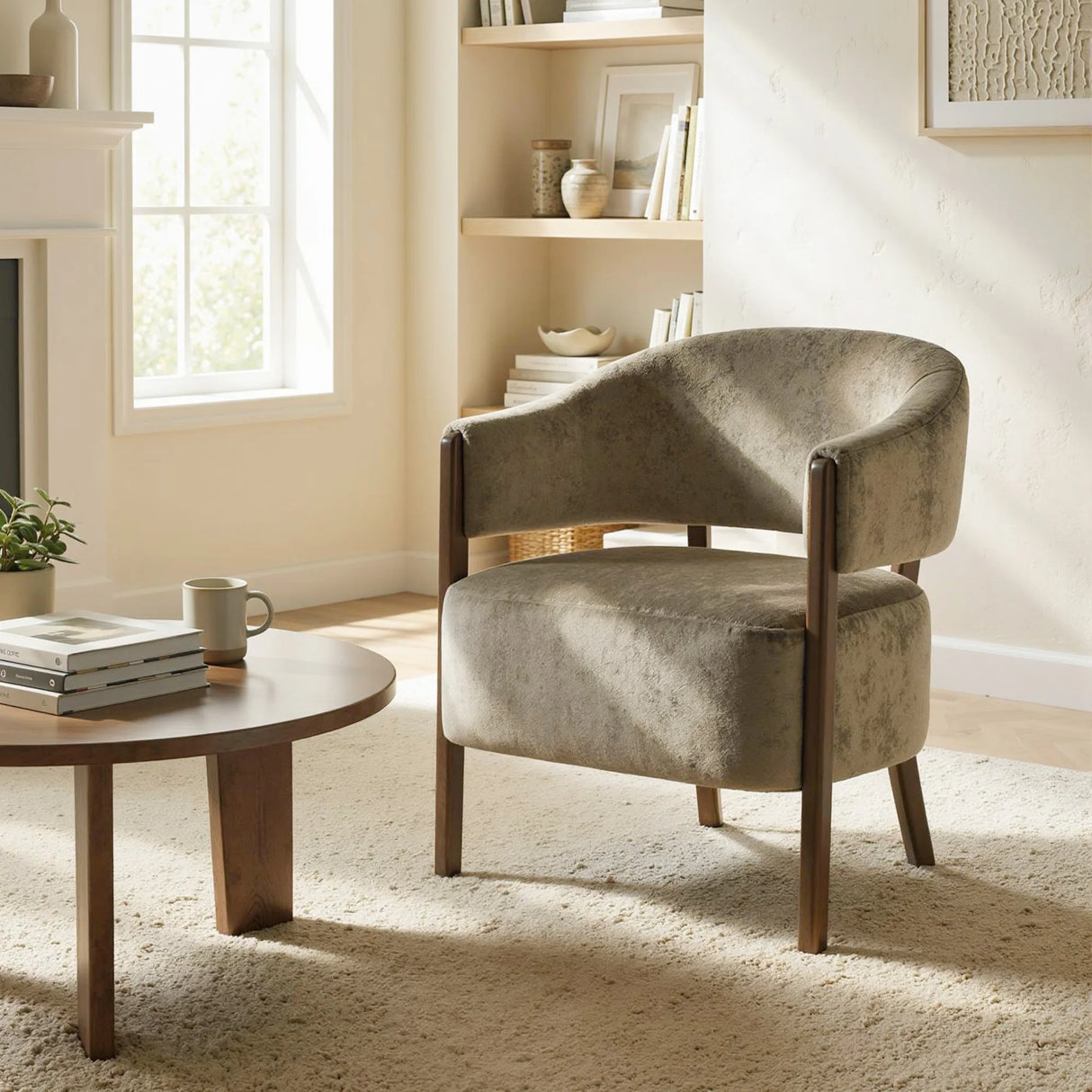 HOMCOM Accent Chair, Upholstered Tub Chair with Solid Wood Frame and Legs, Light Brown