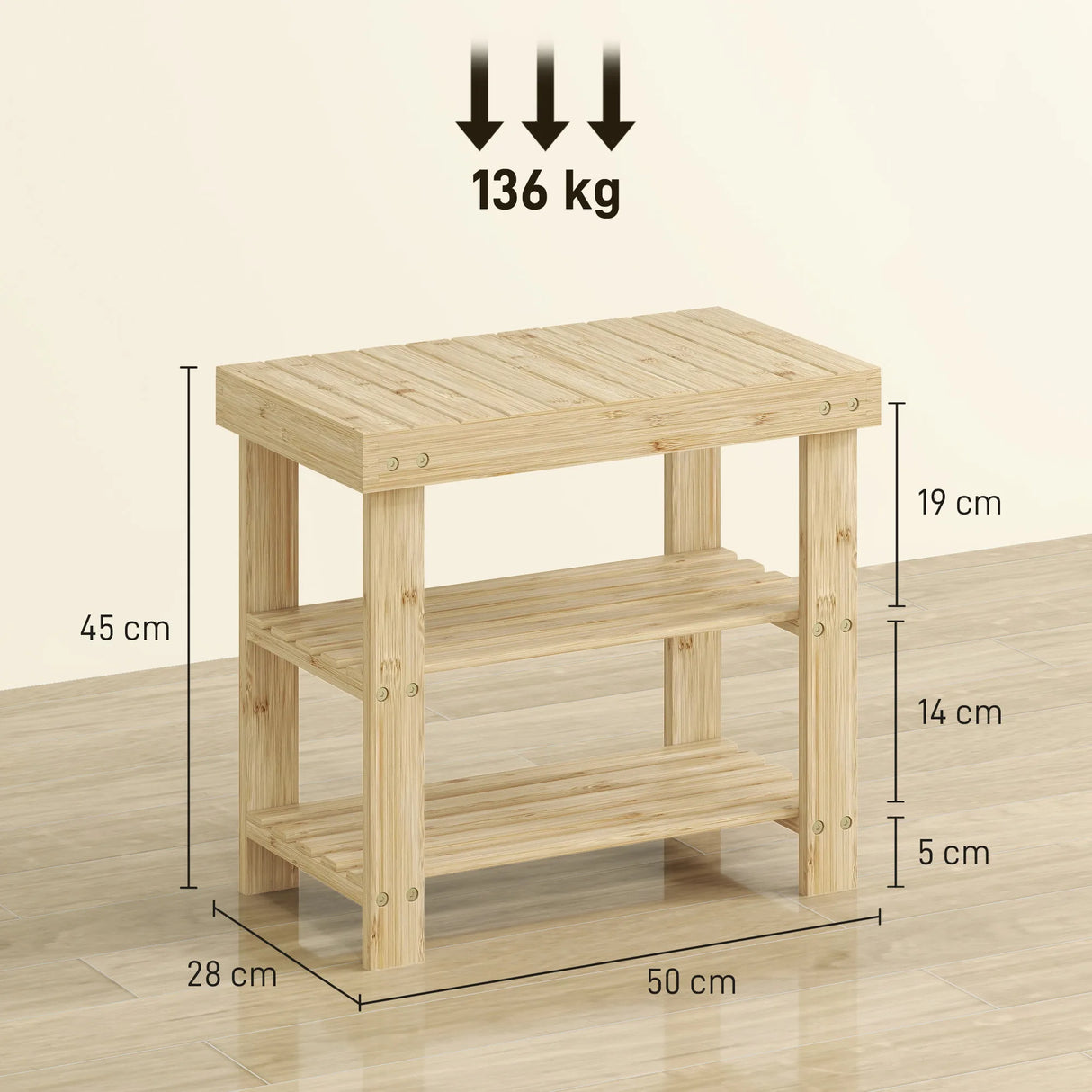HOMCOM Two Shelf Bamboo Shoe Storage Bench - Natural Finish