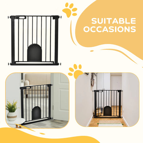 PawHut Dog Gate with Cat Flap Pet Safety Gate Barrier, Stair Pressure Fit, Auto Close, Double Locking, for Doorways, Hallways, 75-82 cm Black