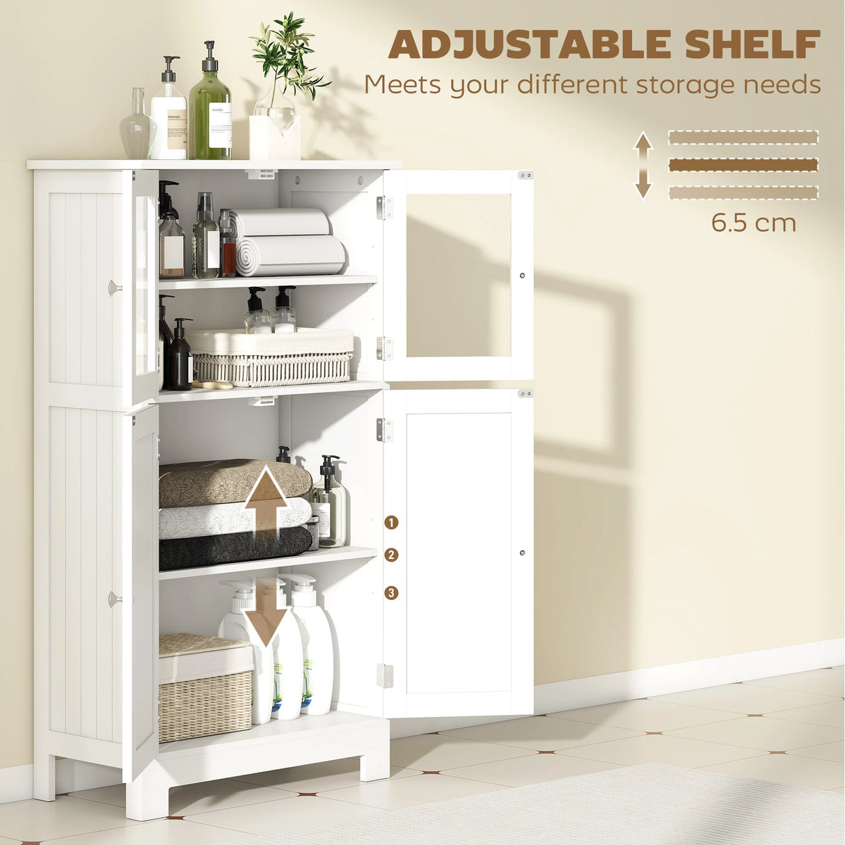 kleankin Bathroom Floor Cabinet, Freestanding Kitchen Cupboard with 2 Drawers, Adjustable Shelves and Tempered Glass Door, Wooden Storage Unit for Living Room Kitchen Hallway