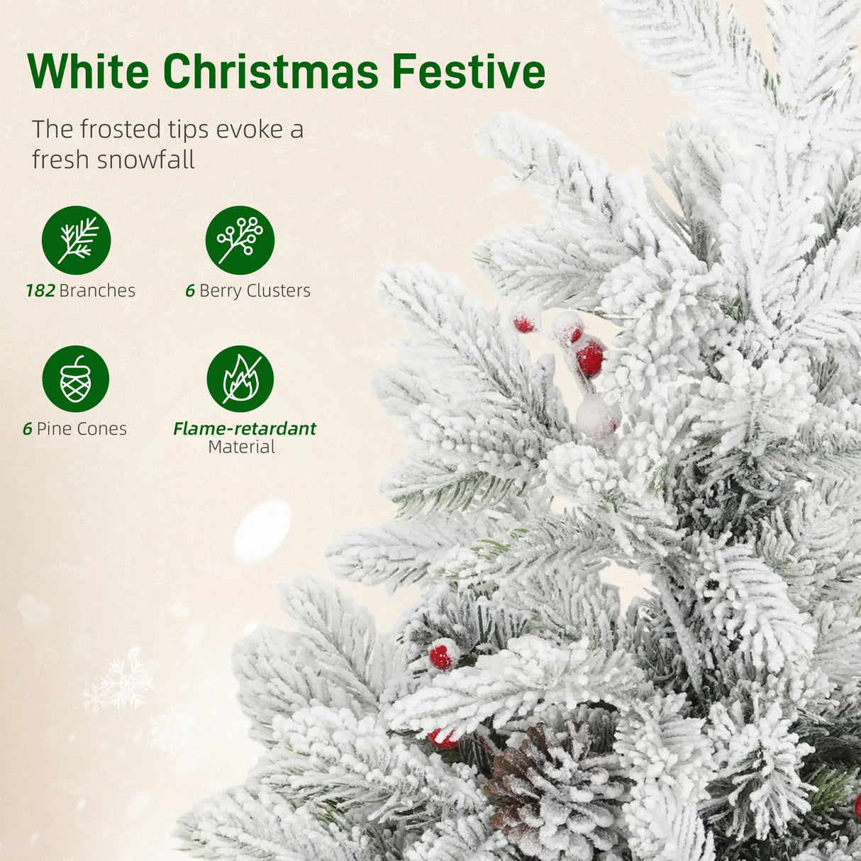 HOMCOM 60 cm Prelit Small Christmas Tree with 35 LED Lights, Snow Flocked Tabletop Mini Xmas Tree with Pine Cones, Berry Clusters and Linen Cover Base, Battery Operated, Green