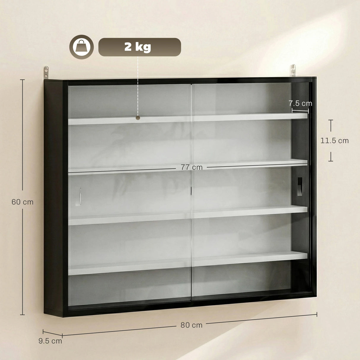 HOMCOM 5-Tier Wall Display Cabinet, Wall Mounted Display Case w/ 4 Adjustable Shelves, Glass Doors, 60x80cm, Black and White